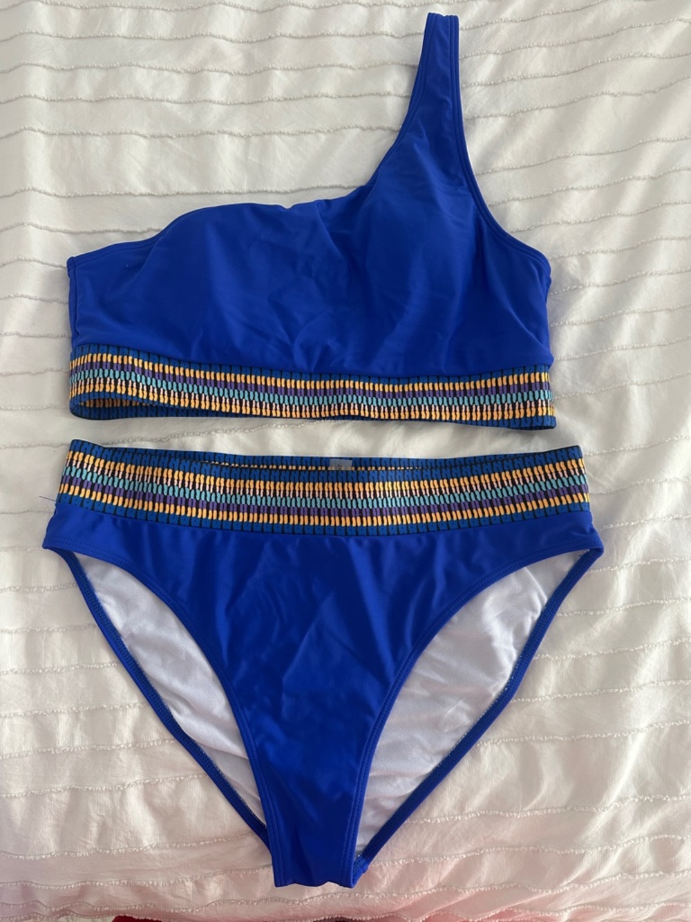 SHEIN Blue One-Shoulder Bikini with Multicolor Beaded Trim